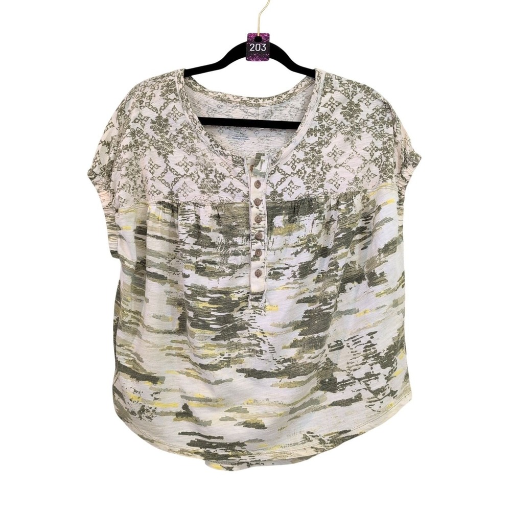 Pilcro Letterpress Anthropologie Green Abstract Mixed Print Henley Top Small